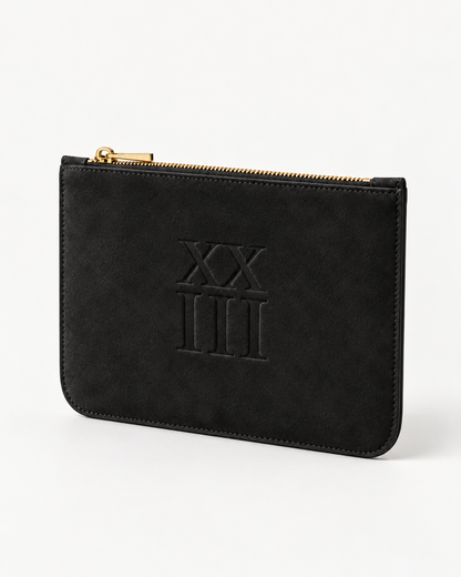 XXIII Audrey Zip Pouch in Black Suede, angled product view