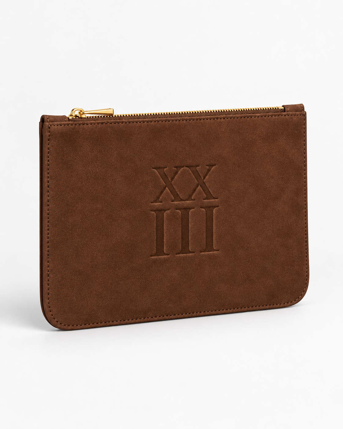 XXIII Audrey Zip Pouch in Chocolate Suede, angled product view