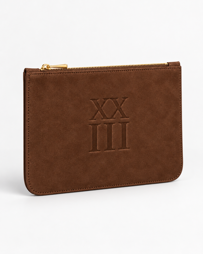 XXIII Audrey Zip Pouch in Chocolate Suede, angled product view